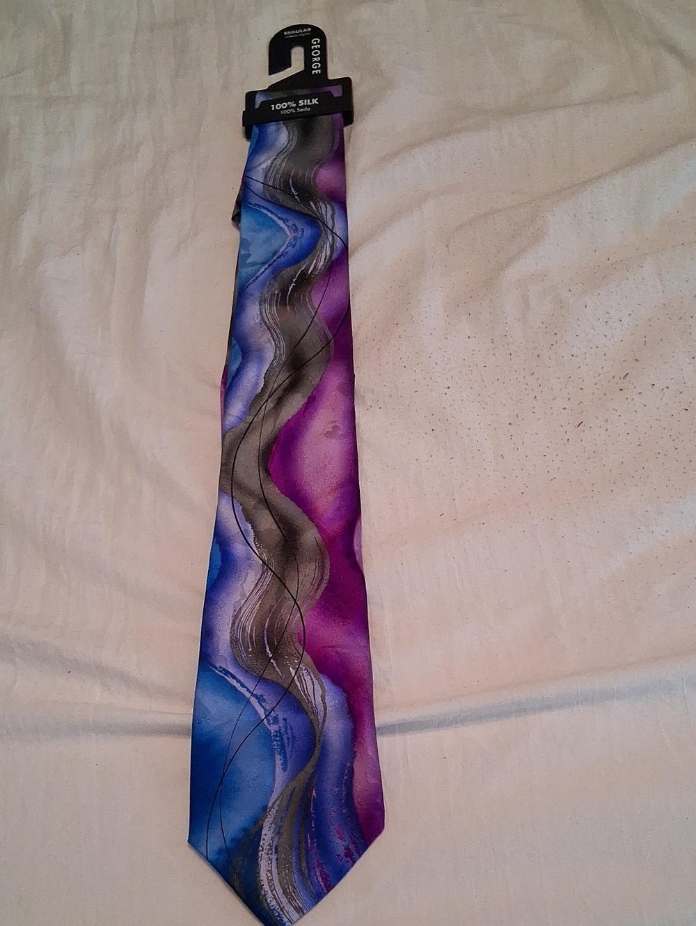 NWT George Men's Blue and Purple Silk Wave-Pattern Tie
